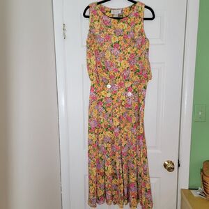 VTG Gillian 100% Silk‎ Maxi Yellow Floral Dress Blouson Top Pleated Easter Sz M